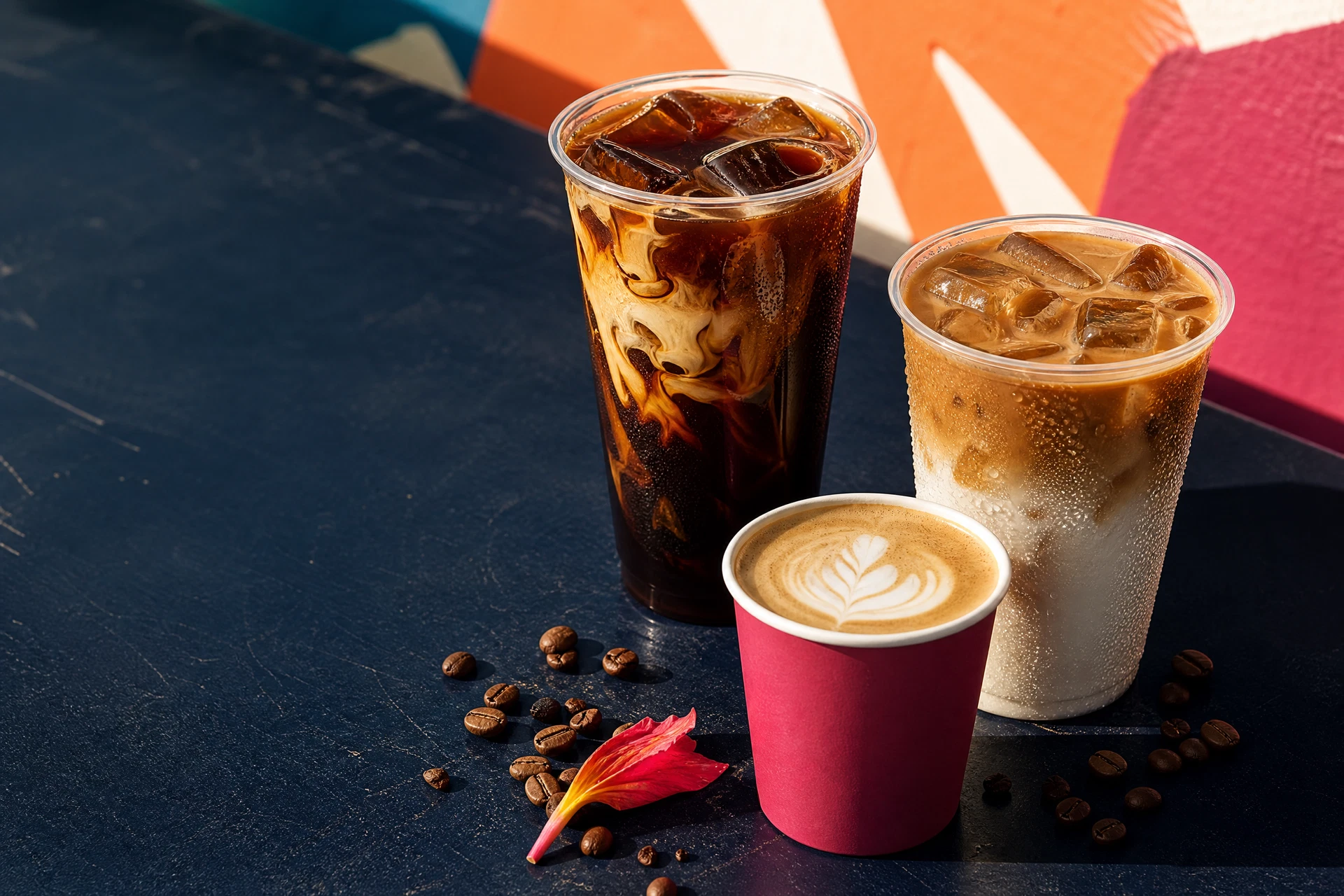 TripL3SHA cold brew, iced coffee and hot coffee on a market counter