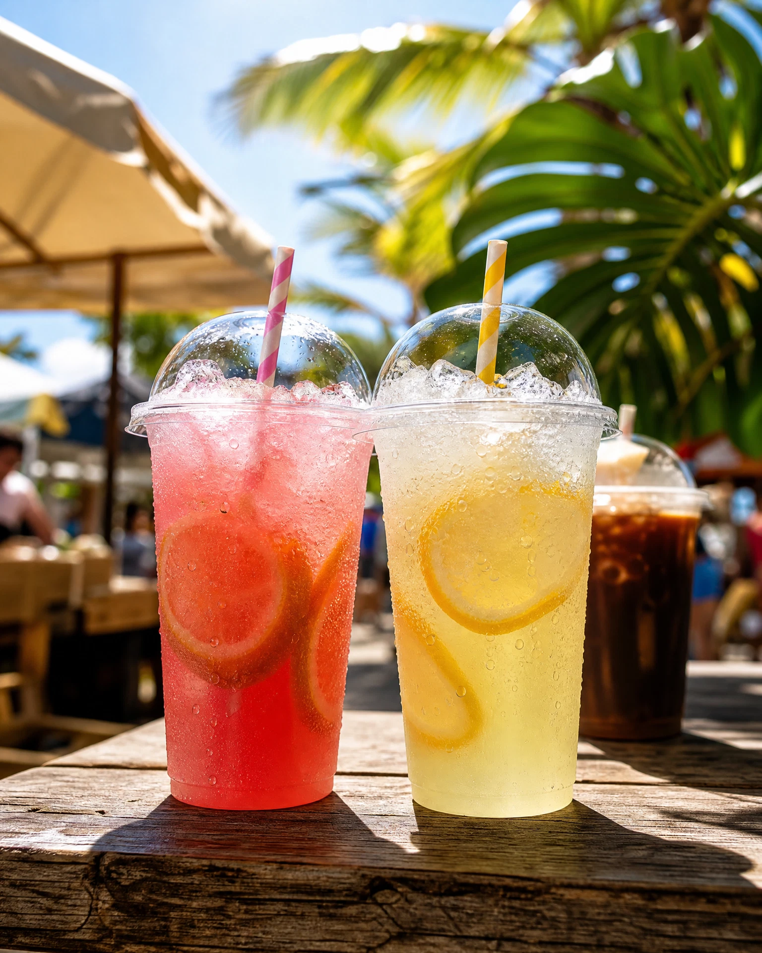 Two tall cups of freshly squeezed TripL3SHA lemonade packed with ice and lemon wheels