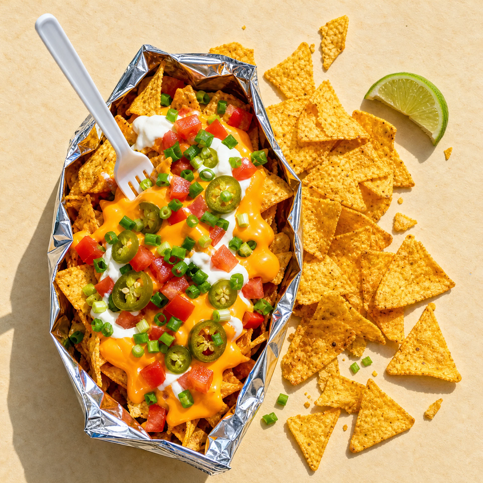 A bag of walking nachos loaded with cheese sauce, tomato and jalapenos